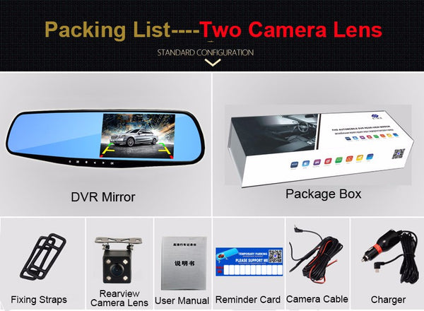 E-ACE Full HD 1080P Car Dvr Camera Auto 4.3 Inch Rearview Mirror Digital Video Recorder Dual Lens Registratory Camcorder