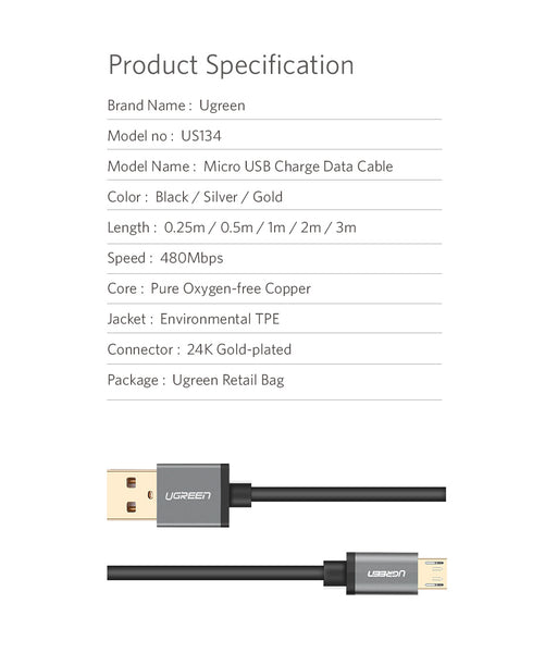 Ugreen Micro USB Cable Fast Charging USB Data Cable Android Microusb Charger Cable for Samsung Xiaomi Tablet Mobile Phone Cables